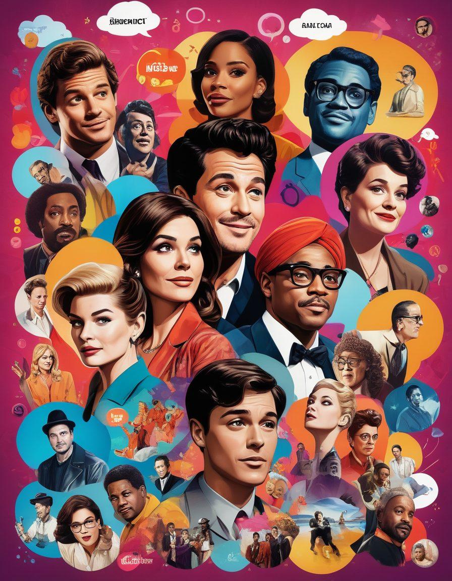 A dynamic collage showcasing popular entertainment icons from various shows, surrounded by colorful thought bubbles containing key insights and reviews. In the background, a stylized cinema screen displays vibrant scenes from trending series. The image should convey excitement and engagement with rich colors and a modern feel. cartoonish style. vibrant colors. 3D.